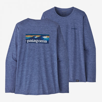 Patagonia Women's L/S Cap Cool Daily Graphic Shirt - Waters Boardshort Logo: Current Blue X-Dye