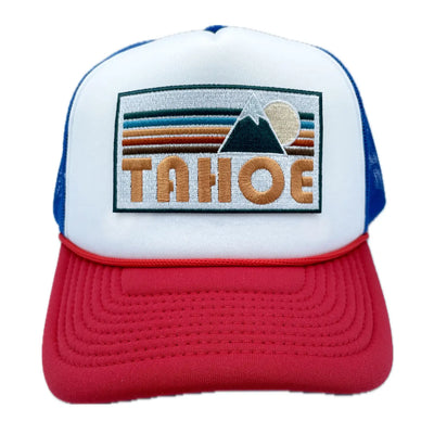 Hey Mountains Lake Tahoe California Trucker Hat - Retro Red/White/Blue