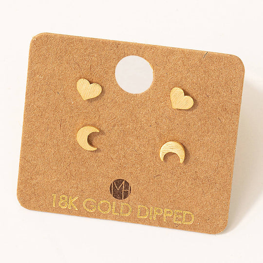 Mini Heart and Moon Stud Earring Set: G